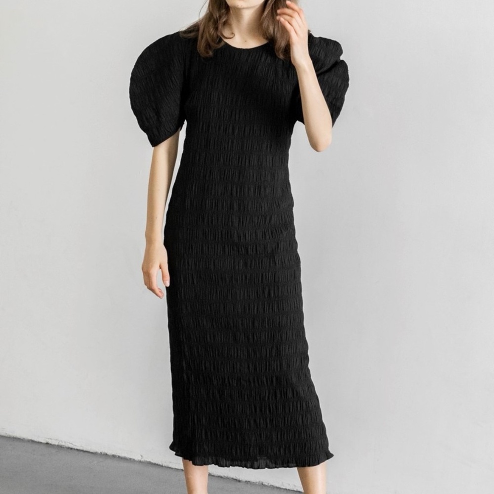 Mara Hoffman Aranza Smocked Puff Sleeve Midi Dress - Black